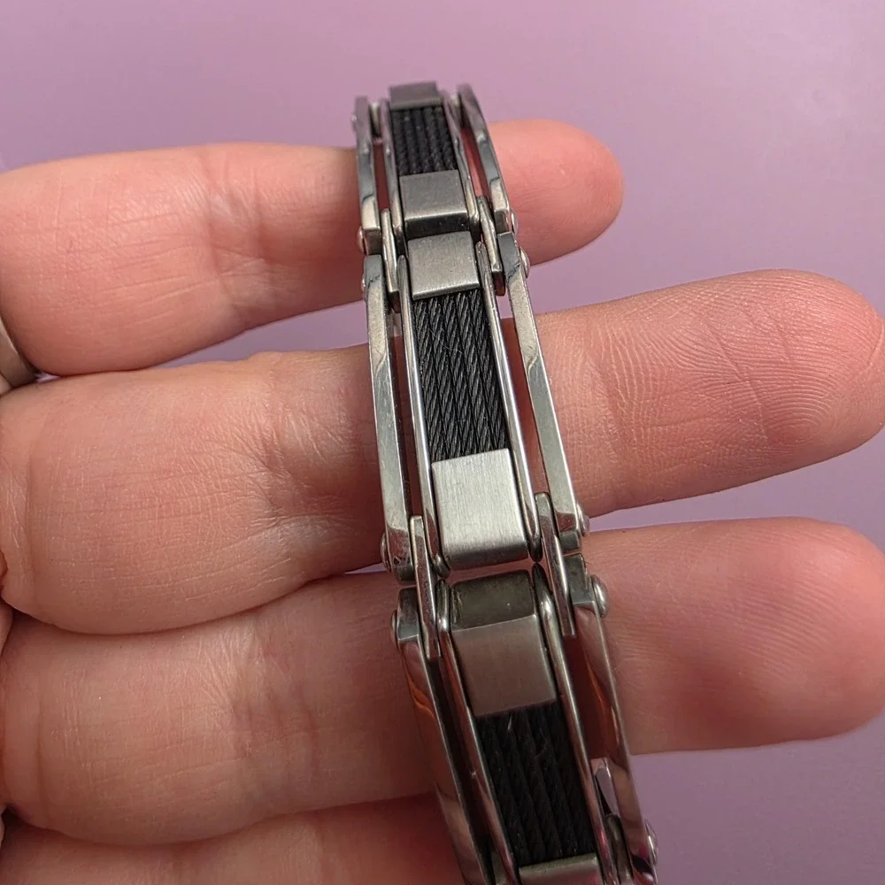 Mens Stainless Steel Black Cable Inset Link Bracelet Silver Tone Industrial Styl